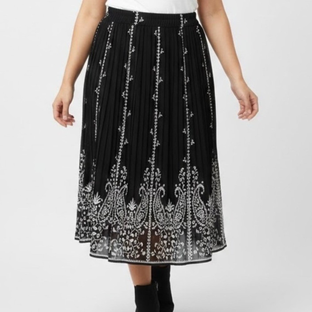 Serengeti Black White Paisley Pleated Midi Skirt Women's 1X Fairy Grunge Boho‎